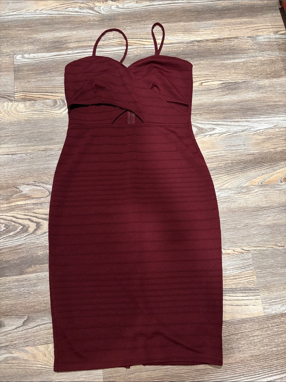 Fashion Nova Burgundy Midi Bodycon Dress with Spaghetti Straps